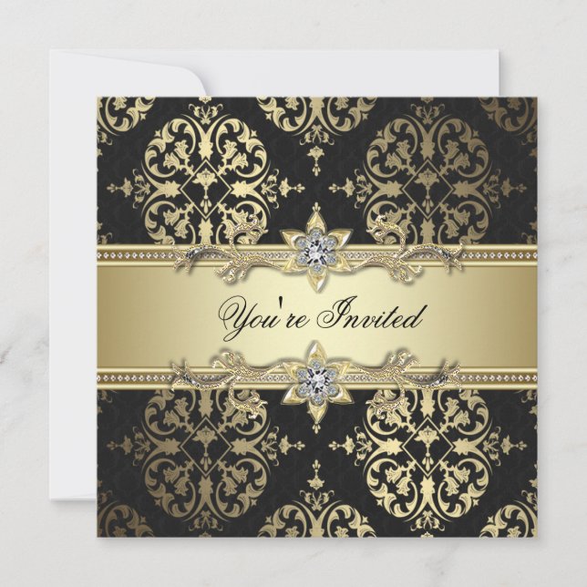 Invitations Black Gold Black Damask Party (Devant)