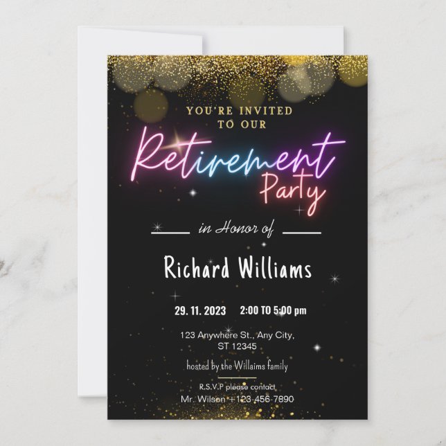 Invitations Black Gold Confetti Retraite Party (Devant)