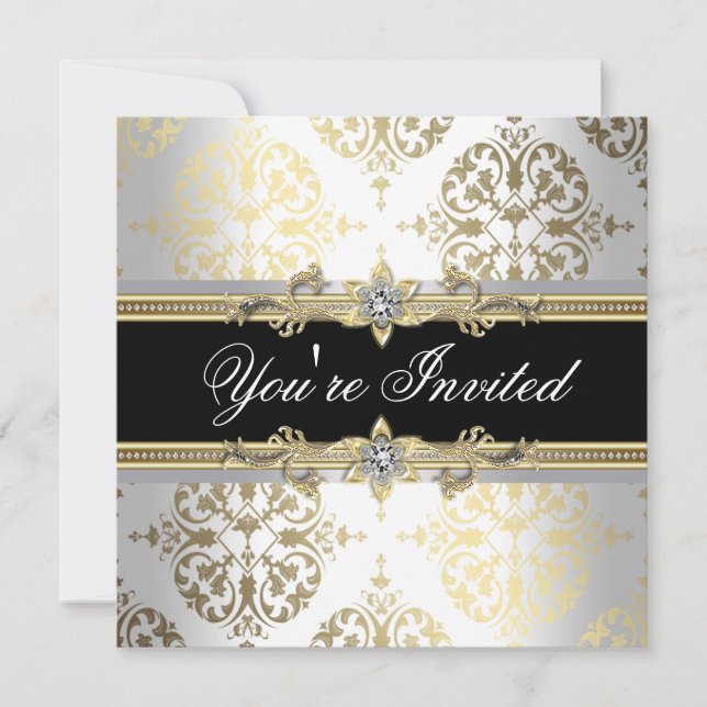Invitations Black Gold Damask Party (Devant)