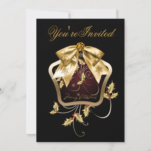 Invitations Black Gold Holly Christmas Party (Devant)