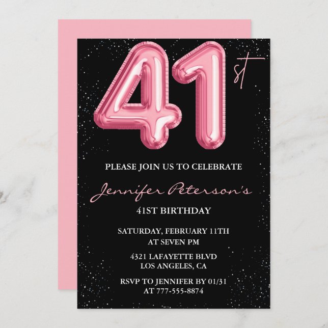 Invitations Black Pink 41e anniversaire Ballons Gl (Devant / Derrière)