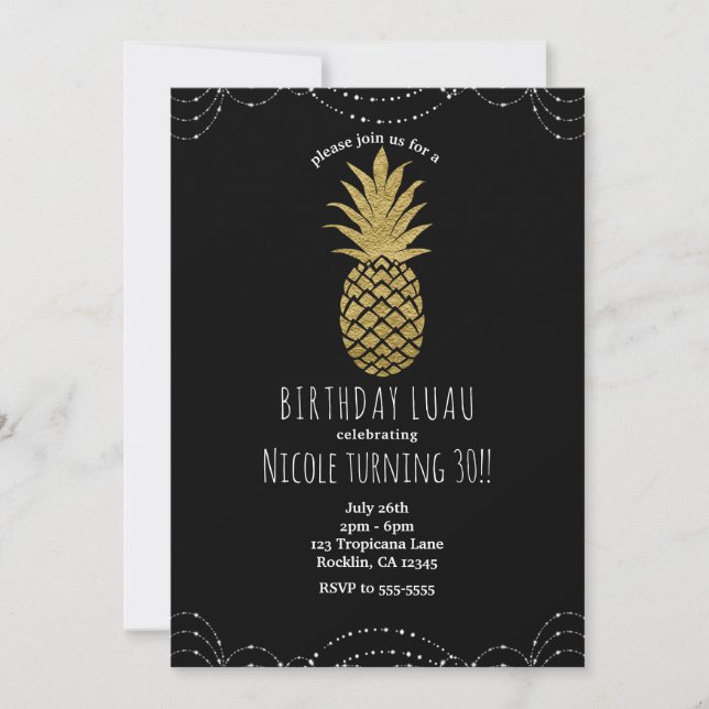 Invitations Black Sparkle Gold Pineappy Party (Devant)