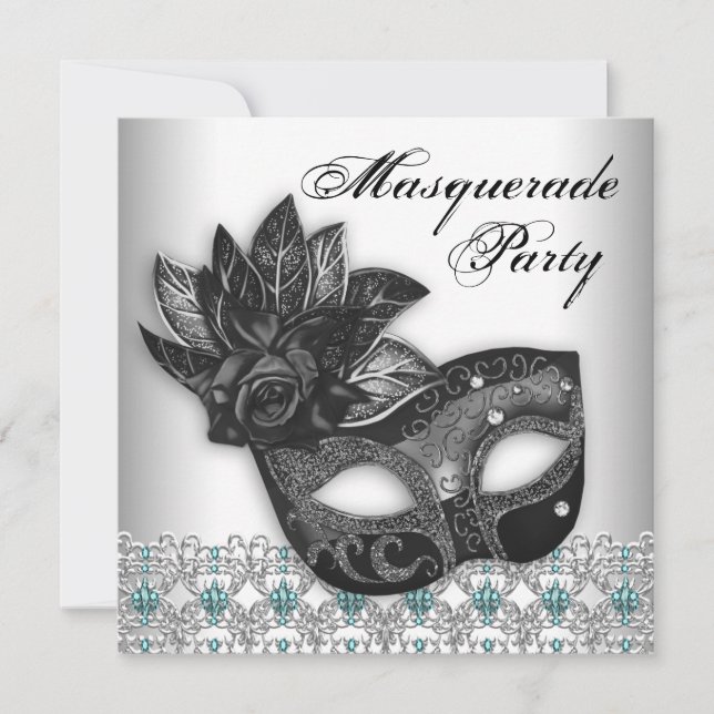 Invitations Black Turquoise Blue Masquerade Party (Devant)