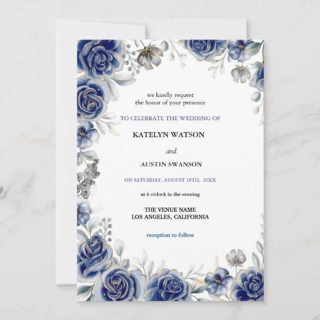 invitations bleu mariage moderne (Devant)