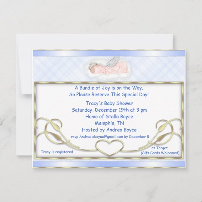 Invitations bleues de baby shower d'ange de (Devant)