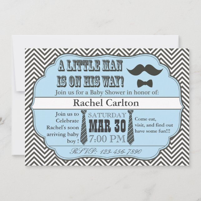 Invitations bleues de baby shower de moustache et (Devant)