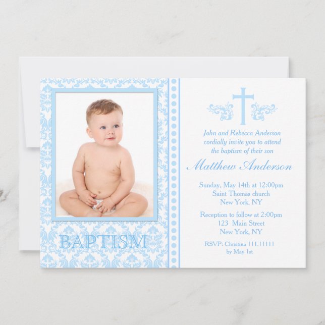 Invitations bleues de baptême de photo (Devant)