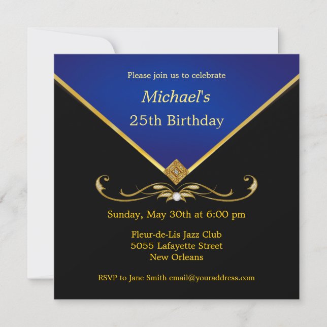 Invitations bleues de fête d'anniversaire de l'or (Devant)