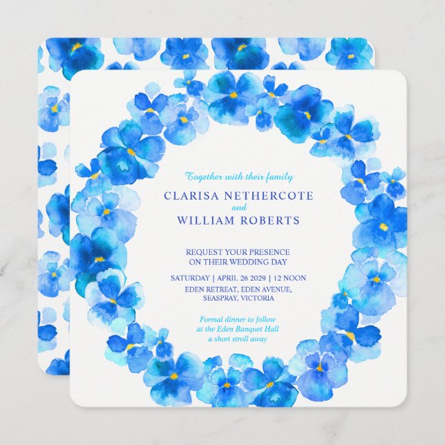 Invitations bleues de mariage de fleur d'aquarelle (Devant / Derrière)