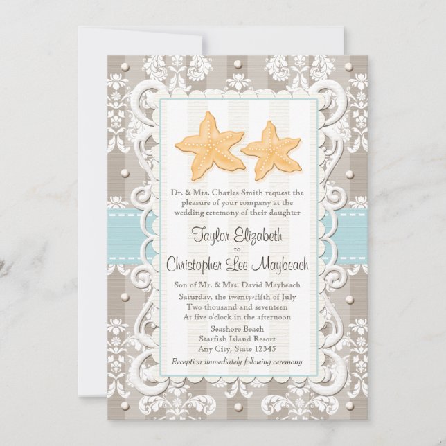 Invitations bleues de mariage d'étoiles de mer (Devant)
