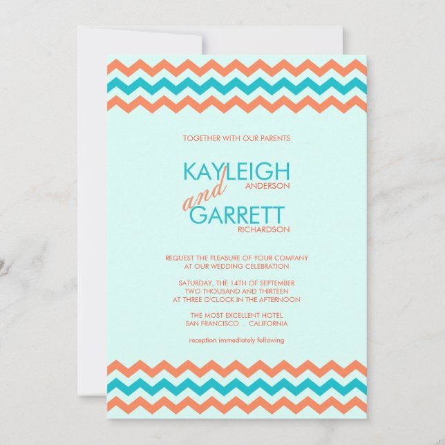 Invitations bleues et de corail d'Aqua de Chevron (Devant)