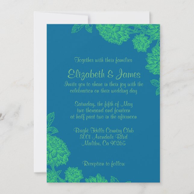 Invitations bleues et vertes élégantes de mariage (Devant)