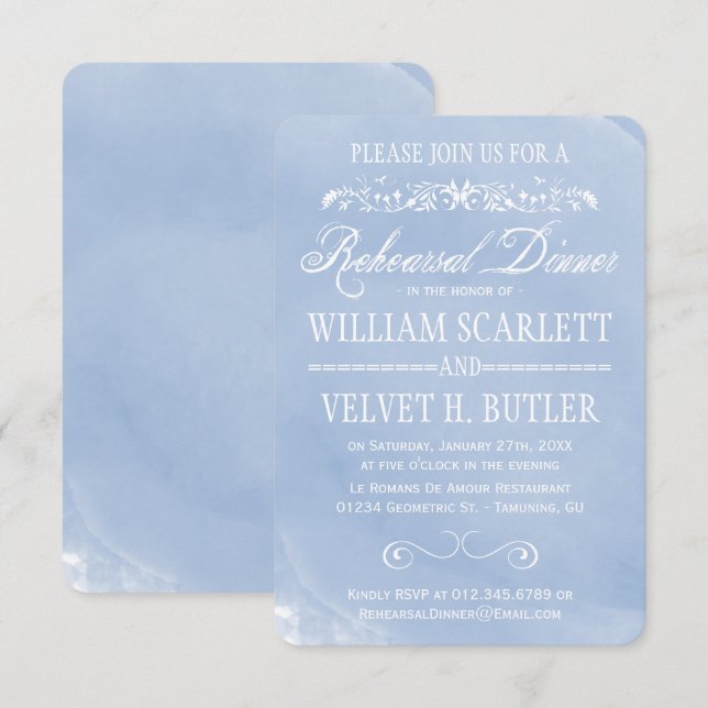 Invitations bleus en pastel de dîner de répétition (Devant / Derrière)