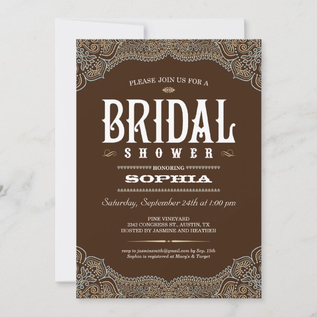 Invitations Brown de Fête de la mariée de Paisley (Devant)