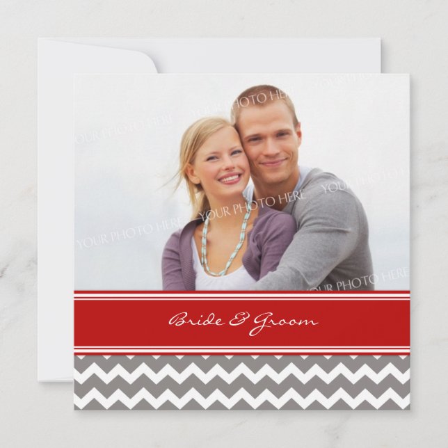 Invitations Chevron gris rouge de mariage de photo (Devant)