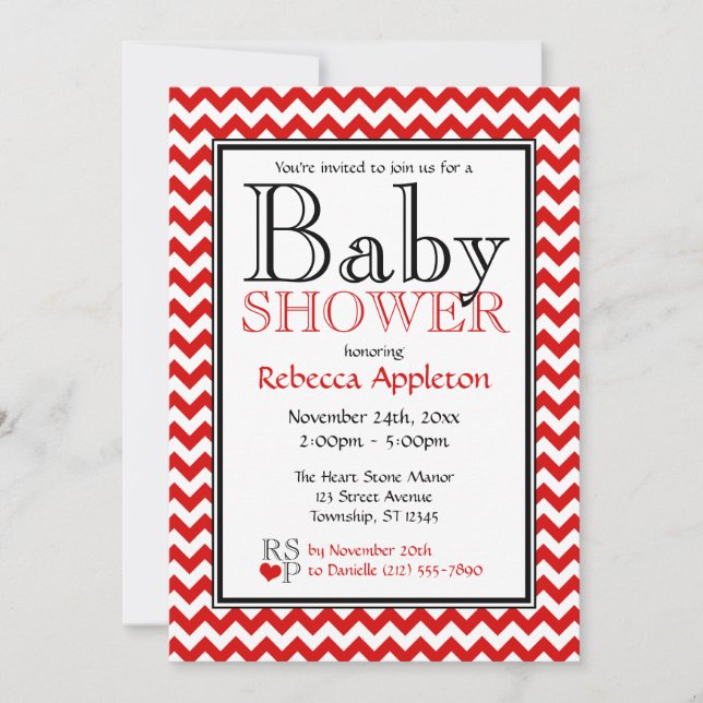 Invitations Chevron Red & White Baby Shower (Devant)