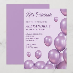 Invitations chic 38e anniversaire Ballons violet
