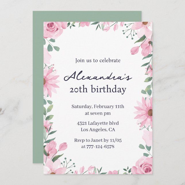 Invitations Chic Floral 20e anniversaire Pink Gree (Devant / Derrière)