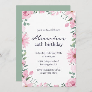 Invitations Chic Floral 20e anniversaire Pink Gree