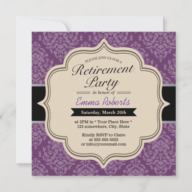 Invitations Classy Violet Damask Retraite Party (Devant)