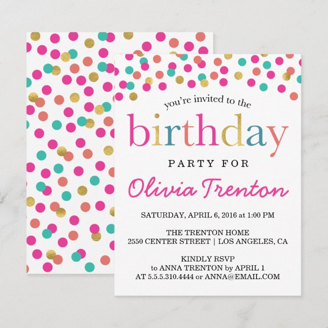 Invitations Colorées Confetti Anniversaire de enfa (Devant / Derrière)