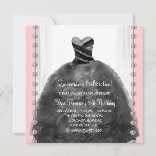 Invitations Coral Pink et Black Quinceanera