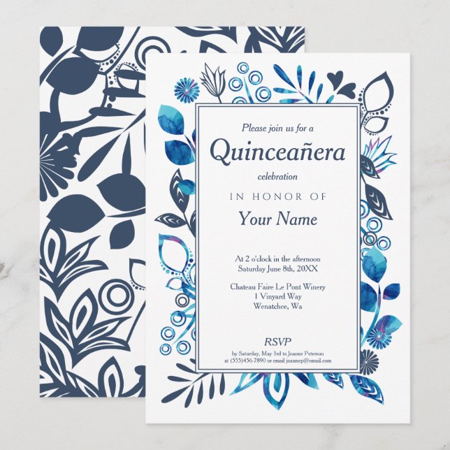 Invitations Crystal Blue Quinceañera (Devant / Derrière)