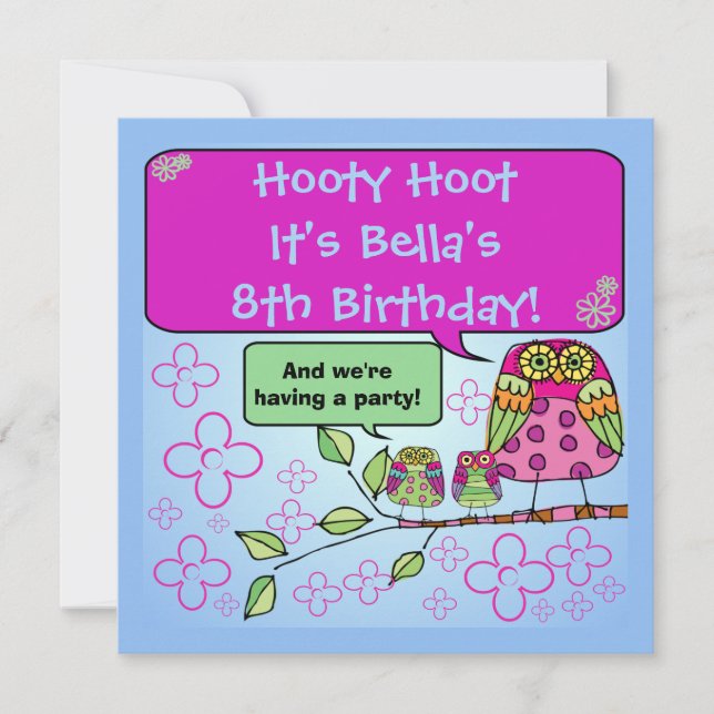 Invitations customisés par anniversaire de hibou (Devant)