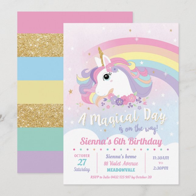 Invitations d'anniversaire à l'Unicorne Rainbow Gi (Devant / Derrière)