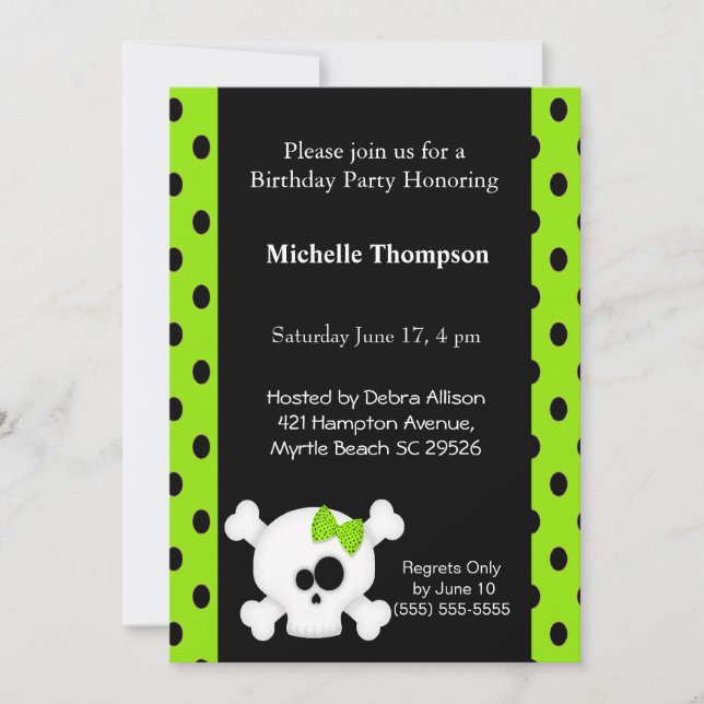 Invitations d'anniversaire au crâne de fille (Devant)