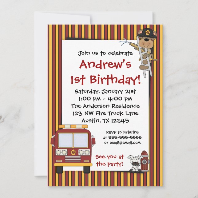 Invitations d'anniversaire au singe du camion-feu (Devant)