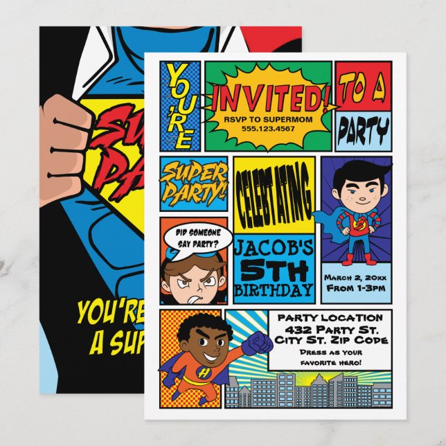 Invitations d'anniversaire au super-héros de style (Devant / Derrière)