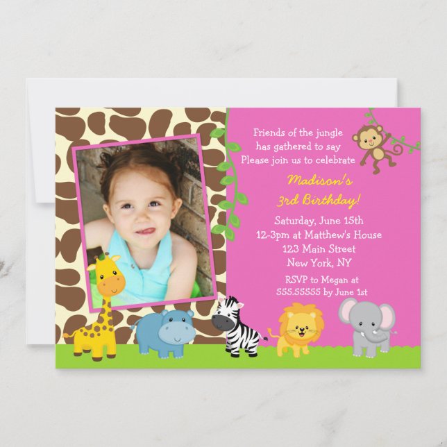 Invitations d'anniversaire au zoo de la Jungle Saf (Devant)