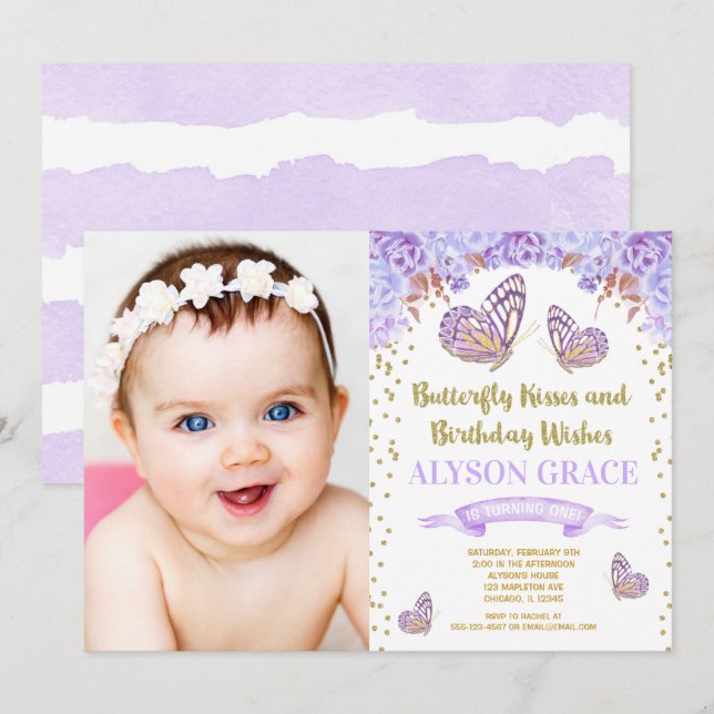 Invitations d'anniversaire aux papillons, photo en (Devant / Derrière)