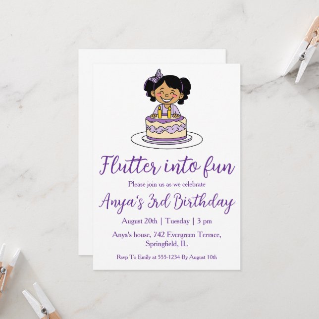 Invitations d'anniversaire aux papillons violets (Devant/Arrière en situation)