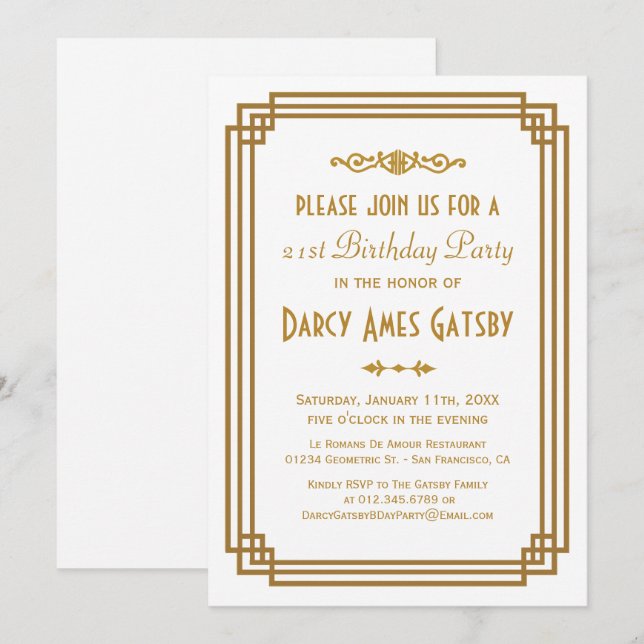 Invitations d'anniversaire blanc Art déco simple (Devant / Derrière)