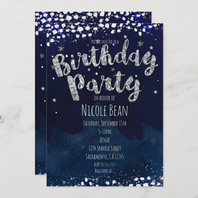 Invitations d'anniversaire Blue & Silver Starry (Devant / Derrière)