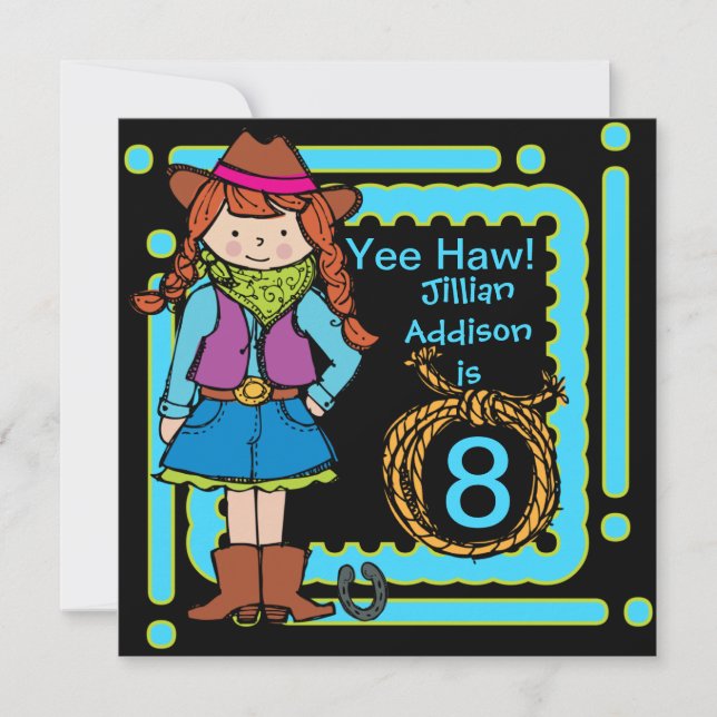Invitations d'anniversaire customisés par cow-girl (Devant)