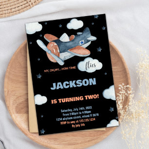 Invitations d'anniversaire d'avion 2e Bleu noir BK
