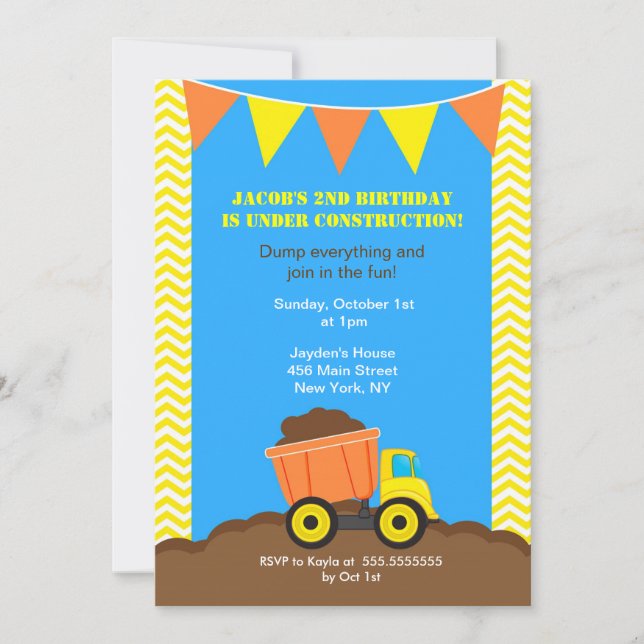 Invitations d'anniversaire de camion à benne (Devant)