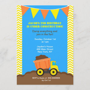 Invitations d'anniversaire de camion à benne