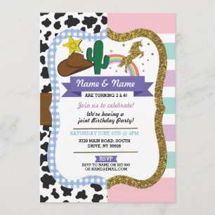 Invitations d'anniversaire de Cowboy et Unicorn Bo