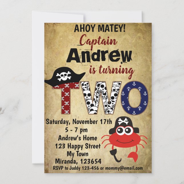Invitations d'anniversaire de crabe pirate, thème  (Devant)