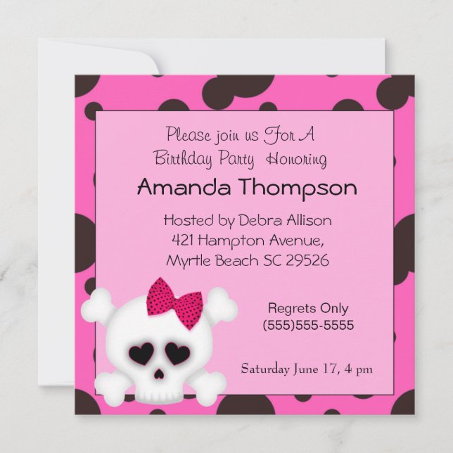 Invitations d'anniversaire de crâne pour filles (Devant)