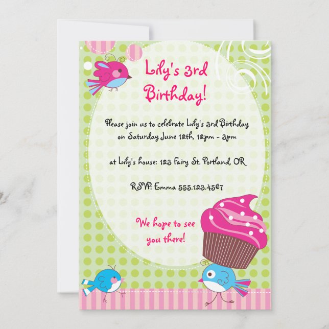 Invitations d'anniversaire de Cupcake Birdie (Devant)