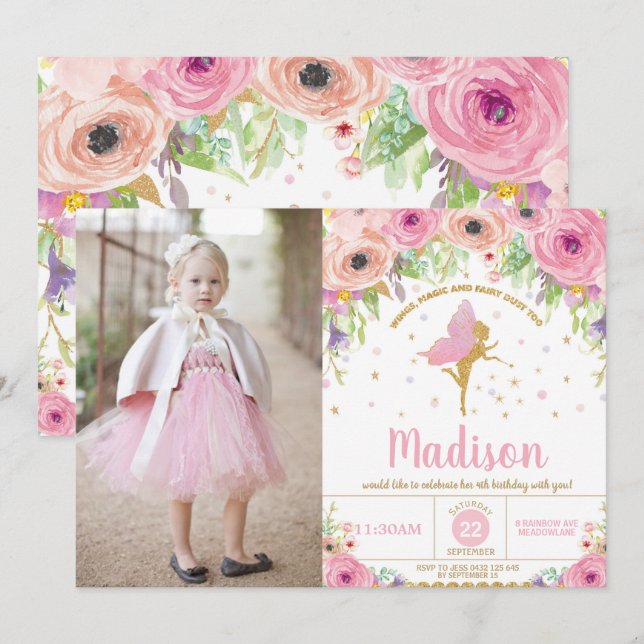 Invitations d'anniversaire de fée à la floraison r (Devant / Derrière)