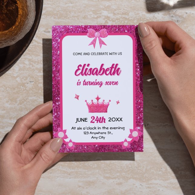 Invitations d'anniversaire de fille de Parties sci (Pink & White Glitter Girl Birthday Invitations - Cute Floral Party Invites)