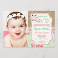 Invitations d'anniversaire de hibou, fille 1ère ph