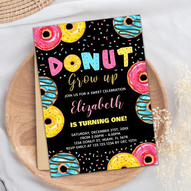 Invitations d'anniversaire de la Donut jaune noir (Black Yellow Green Donut Birthday Invitations)