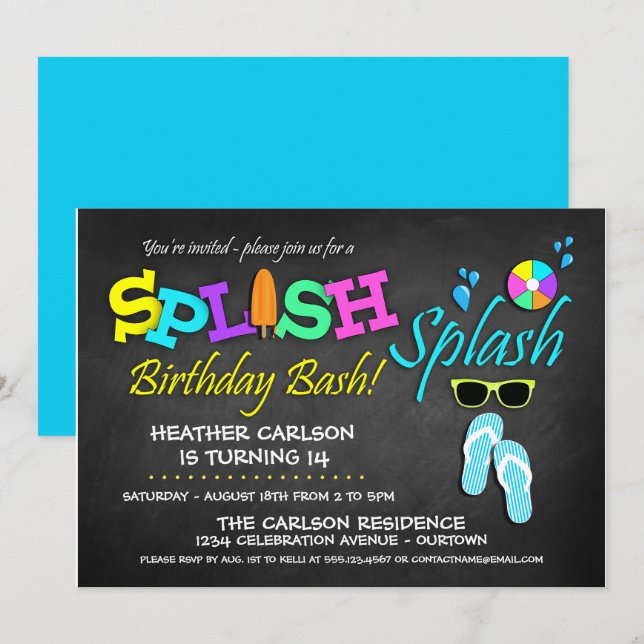 Invitations d'anniversaire de la fête de la piscin (Devant / Derrière)